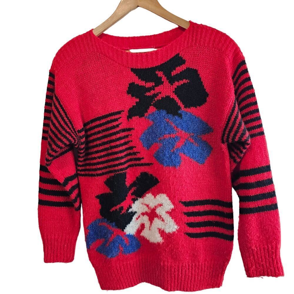 Western Connection Vintage Sweater Womens Medium Red Floral 80s Retro Glam Rock